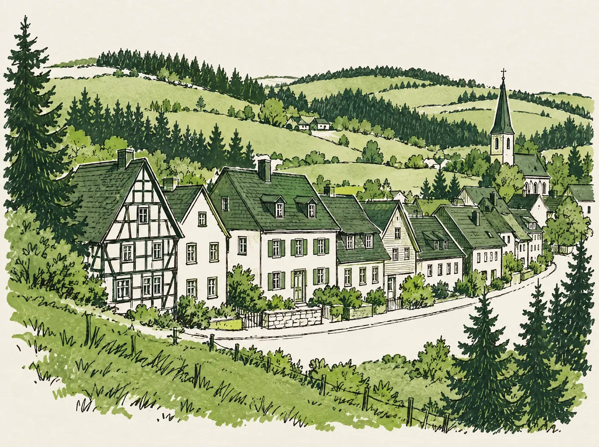 Zeichnung von Hermesdorf: Häuser und Fachwerkgiebel an der Hauptstraße, dahinter die Hügel des Oberbergischen