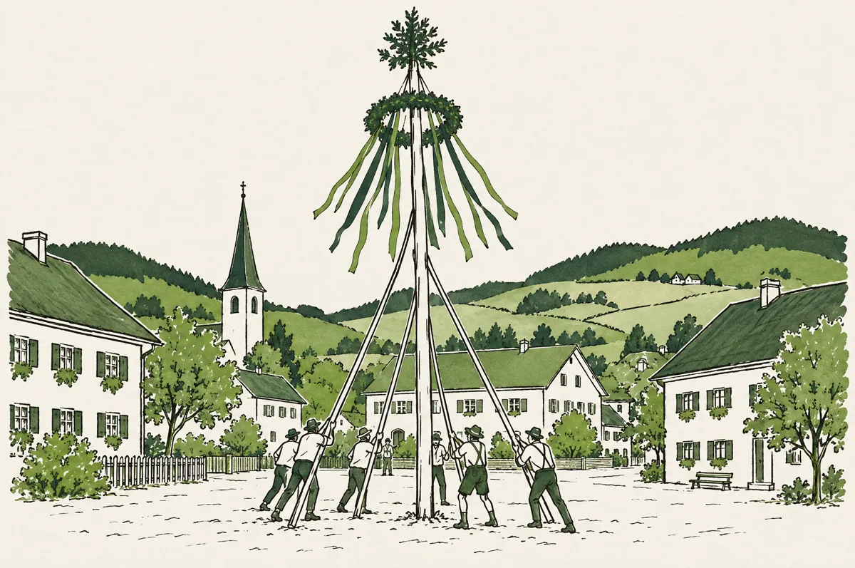 Zeichnung: Maibaum mit Kranz und bunten Bändern auf dem Dorfplatz