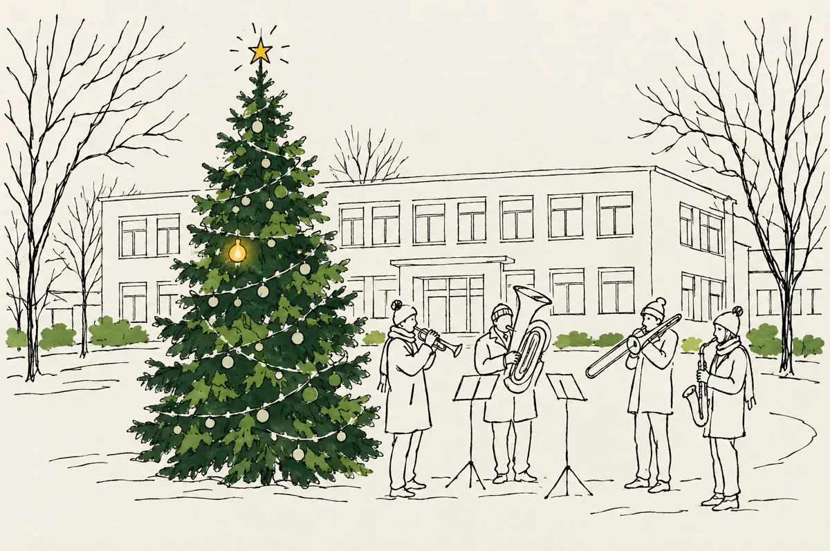 Zeichnung: geschmückter Tannenbaum auf dem Schulhof, daneben Musiker mit Blasinstrumenten